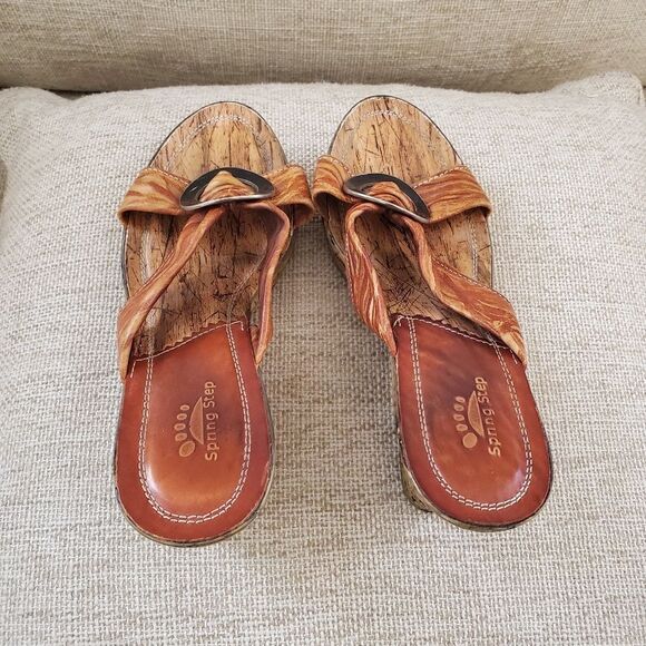 Spring Step Ravo Brown/tan Strappy Black Circle Leather Wedge Sandals Size 9 - Picture 8 of 14